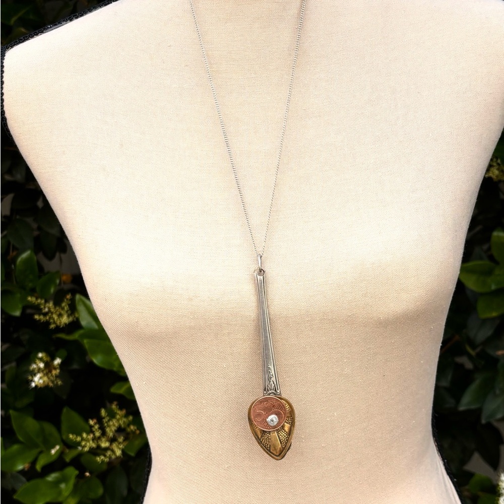 Handcrafted Long Spoon Pendant Necklace with Two-Tone collage Accent